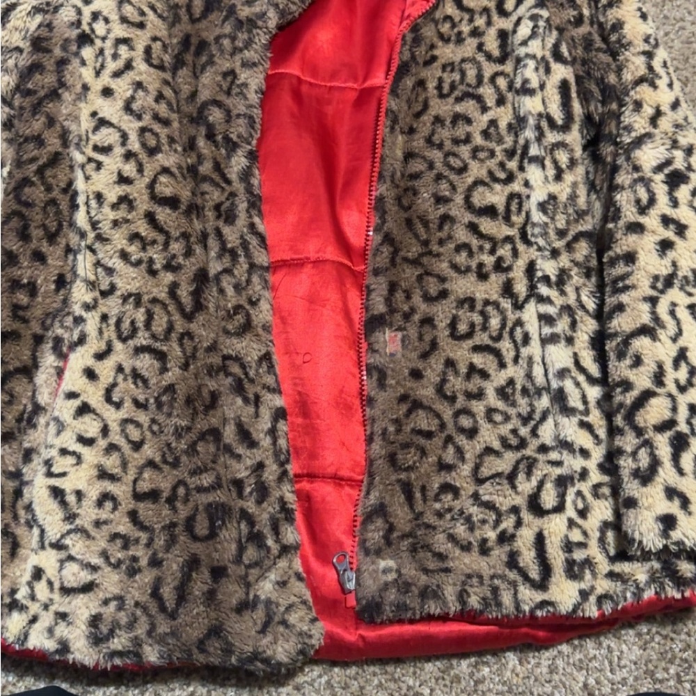 Amy Byer Leopard Faux Fur Jacket with Red Satin Lining